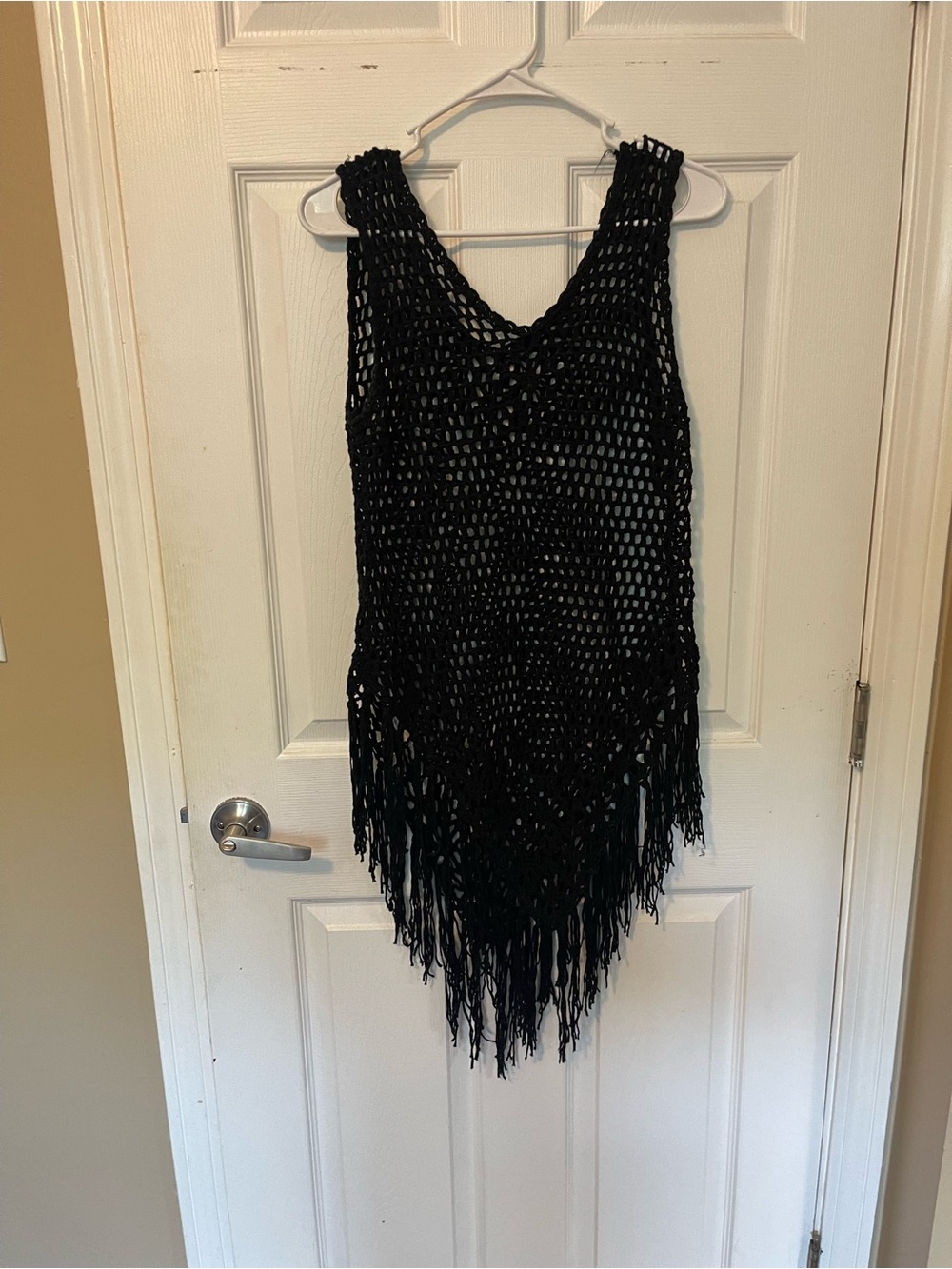 SHEIN Black Crochet V-Neck Fringe Swim Coverup